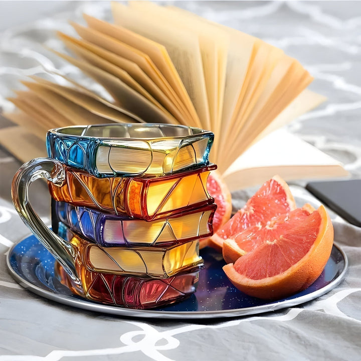 Tasse à café en résine 3D, design livres empilés. Un objet de décoration unique et un mug littéraire pour lecteurs.