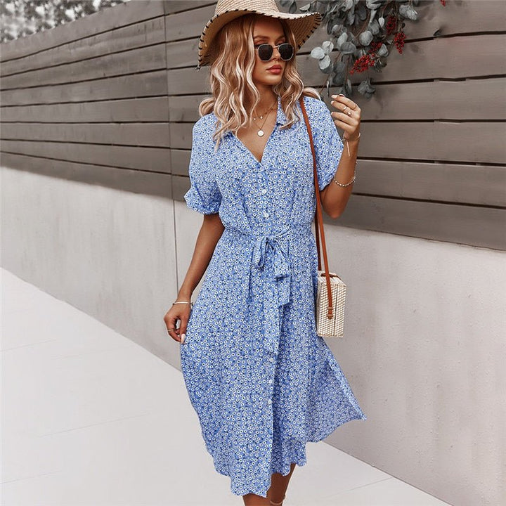 Robe fluide Luretta femme à fleurs, élégance estivale ceinturée, parfaite pour le printemps/été.