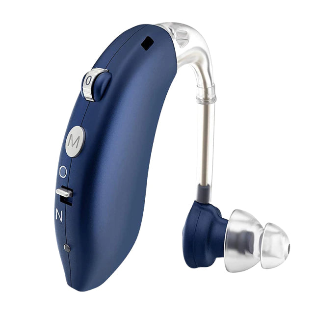 Gros plan sur l'appareil auditif rechargeable, design moderne et compact. Solution discrète pour une audition améliorée.