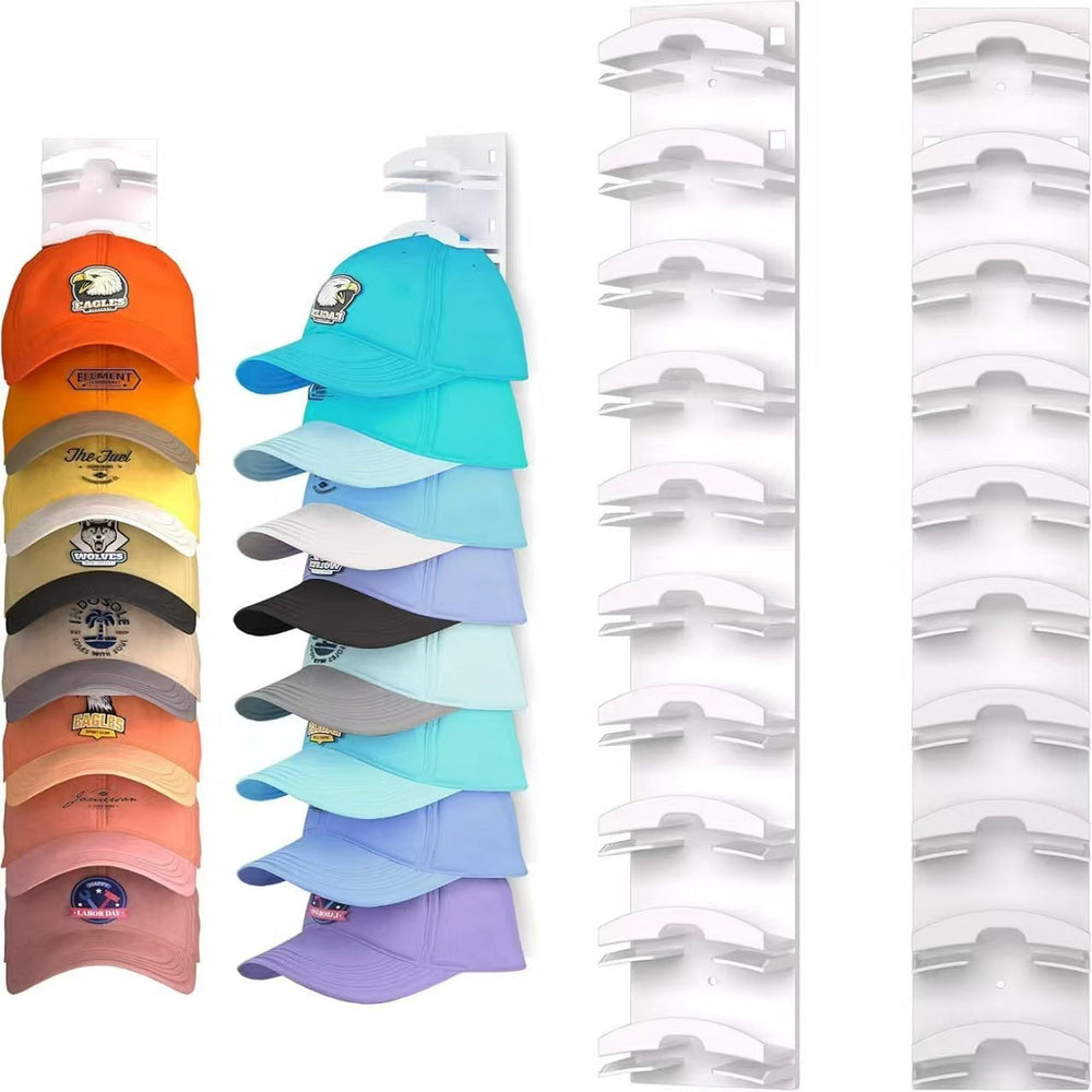 Rangement mural moderne pour casquettes, design épuré en métal noir, idéal pour gain de place maison.