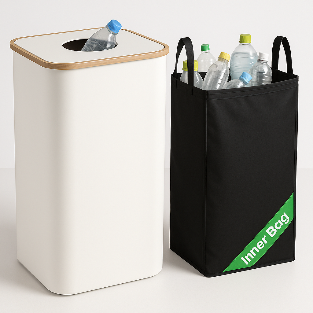 Organiseur de bouteilles recyclables design, parfait pour trier les consignes et garder une cuisine propre.