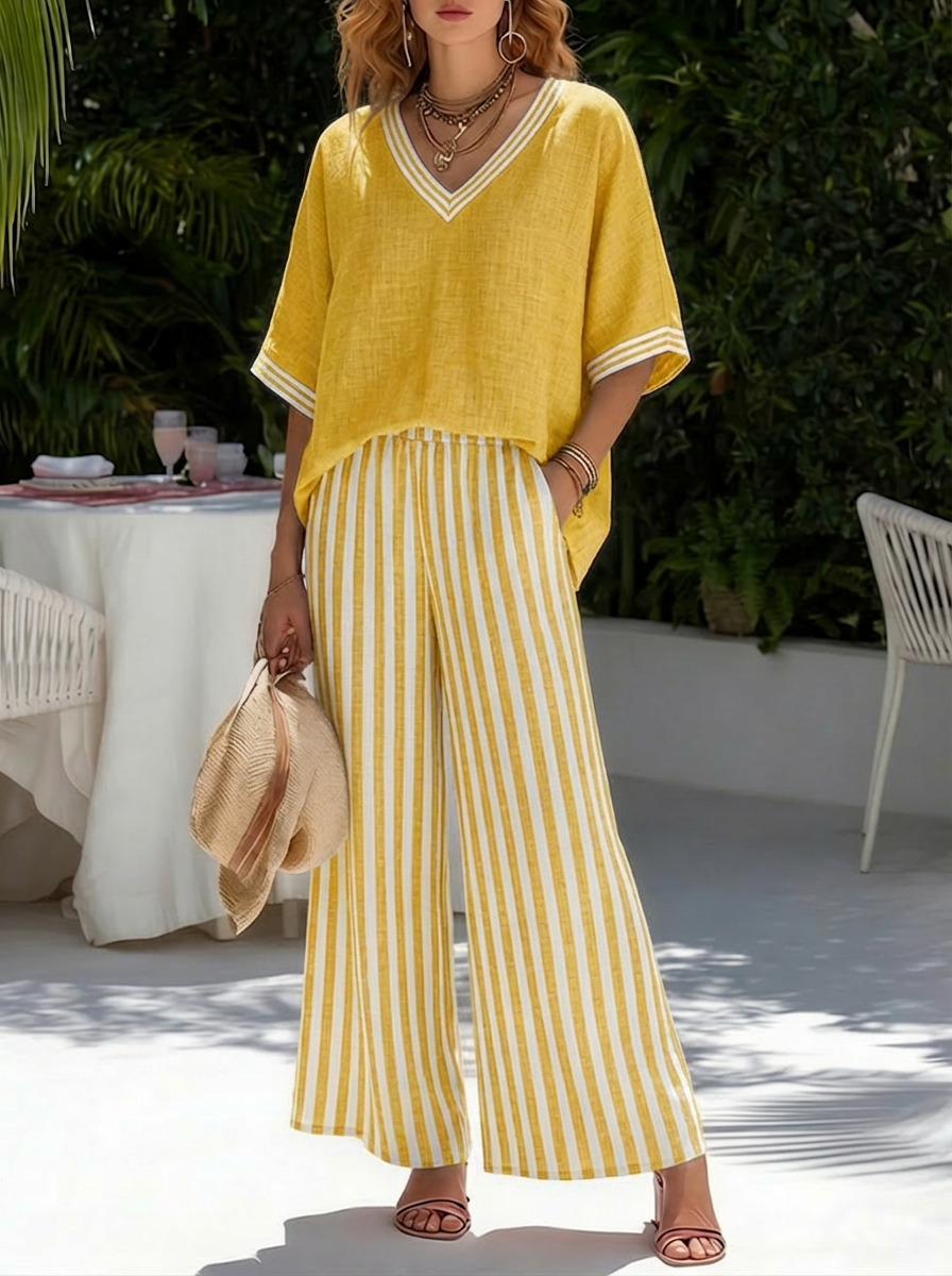 Élégant ensemble femme deux pièces rayé lin coton: pantalon fluide et tunique ample col V. Chic et confortable.