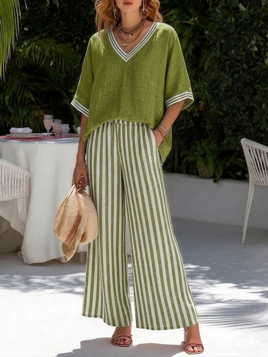 Tenue femme chic décontractée, ensemble rayé ample en lin coton, parfait pour le printemps et l'été.