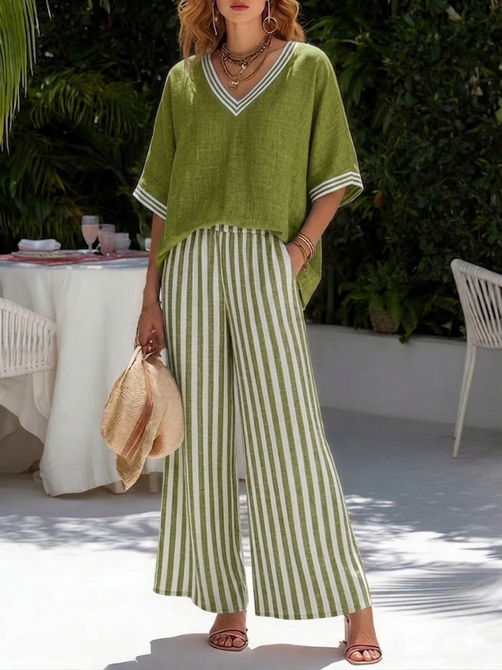 Tenue femme chic décontractée, ensemble rayé ample en lin coton, parfait pour le printemps et l'été.