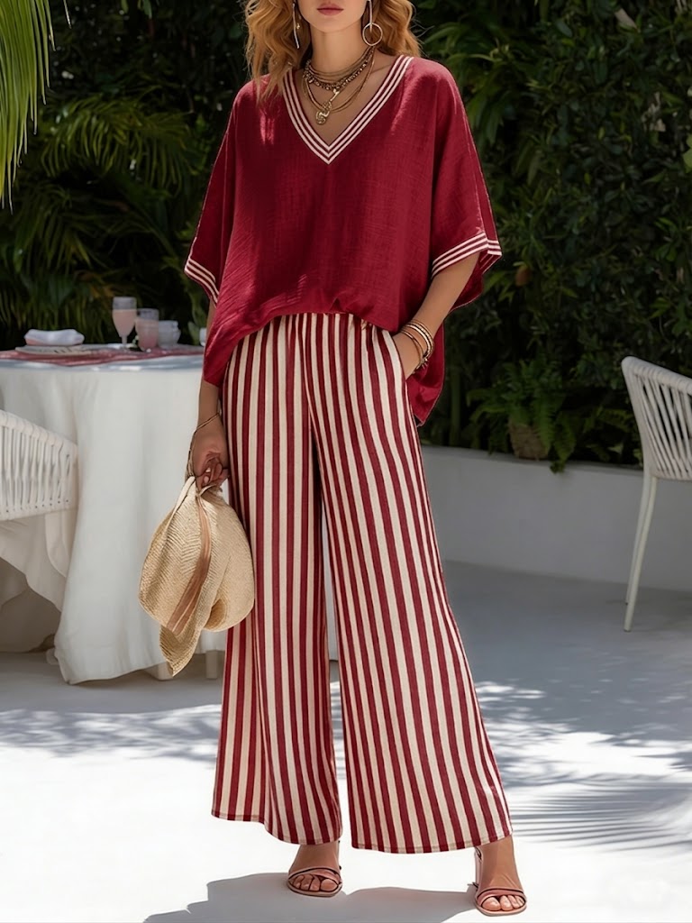 Ensemble femme décontracté en lin coton rayé, ample et léger, idéal pour l'été. Pantalon et tunique col V stylés.