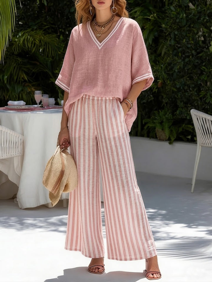 Ensemble femme rayé lin coton ample, style chic décontracté pour été/printemps. Comprend tunique et pantalon.