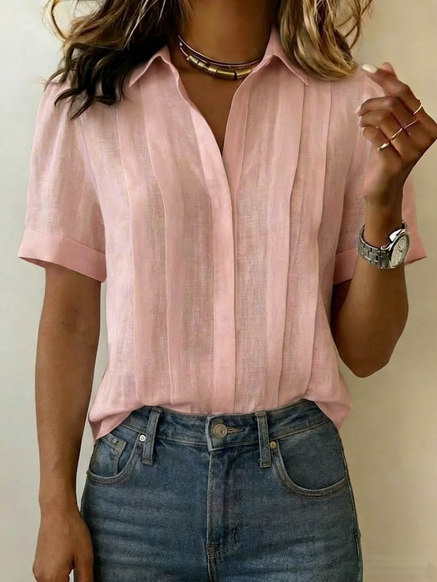 Chemisier femme respirant en coton-lin, parfait pour l'été. Style décontracté et polyvalent, manches courtes confortables.