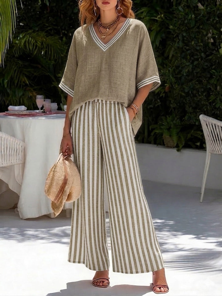 Look estival femme: ensemble ample rayé lin coton, avec pantalon et tunique col V, pour un confort élégant.