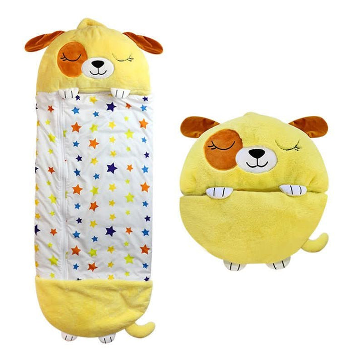 Doudou géant sac de couchage peluche enfant 2-en-1, transformable en jouet animal ou lit douillet.