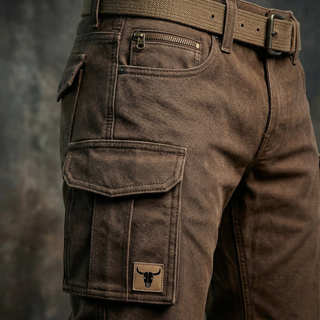 Vue de face du pantalon cargo homme marron, alliant résistance et confort. Design moderne avec multipoches.
