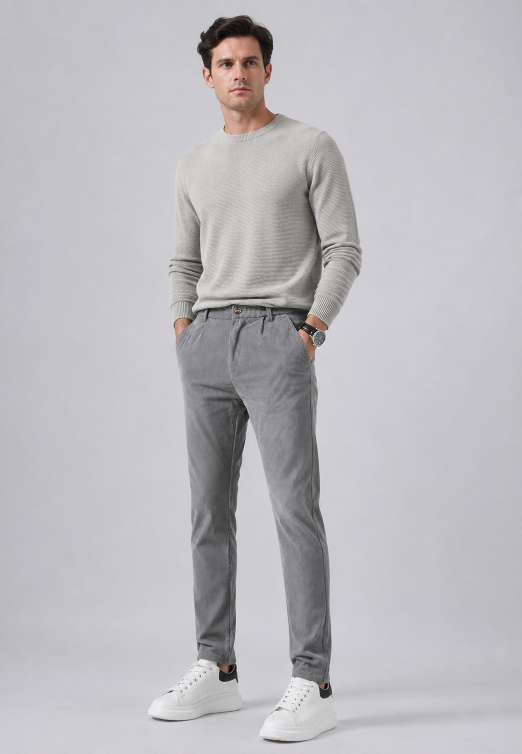 Pantalon homme velours côtelé coupe droite élégant, parfait pour l'hiver et l'automne.