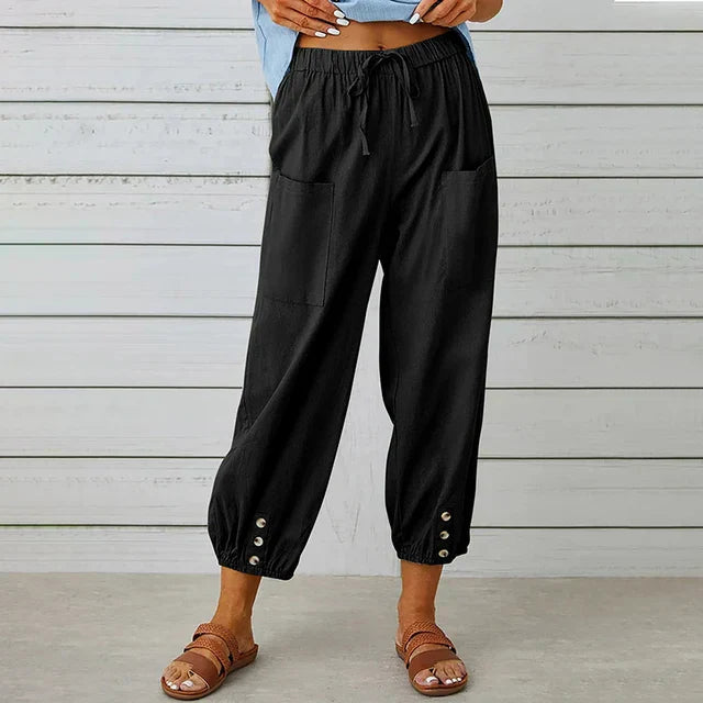 Pantalon sarouel confortable femme, idéal pour le quotidien, ample et décontracté.