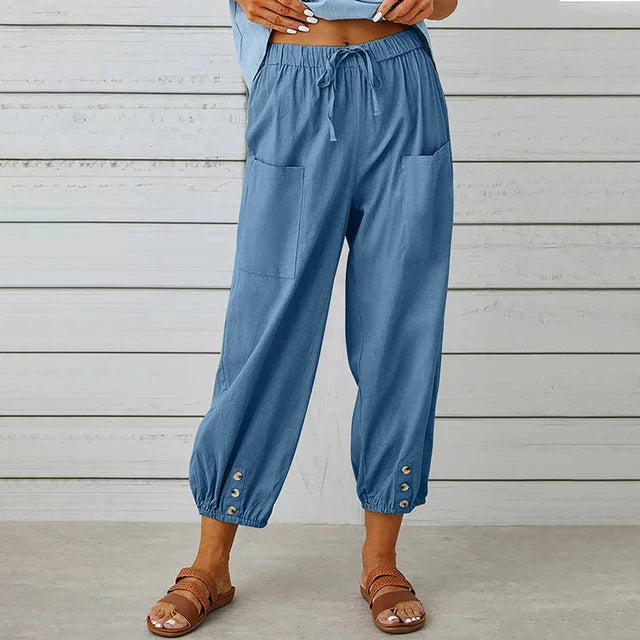 Sarouel femme taille élastique, parfait pour yoga ou voyage, mode printemps/été.