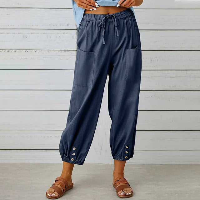 Confort absolu avec ce pantalon sarouel femme à taille élastique, parfait au quotidien.