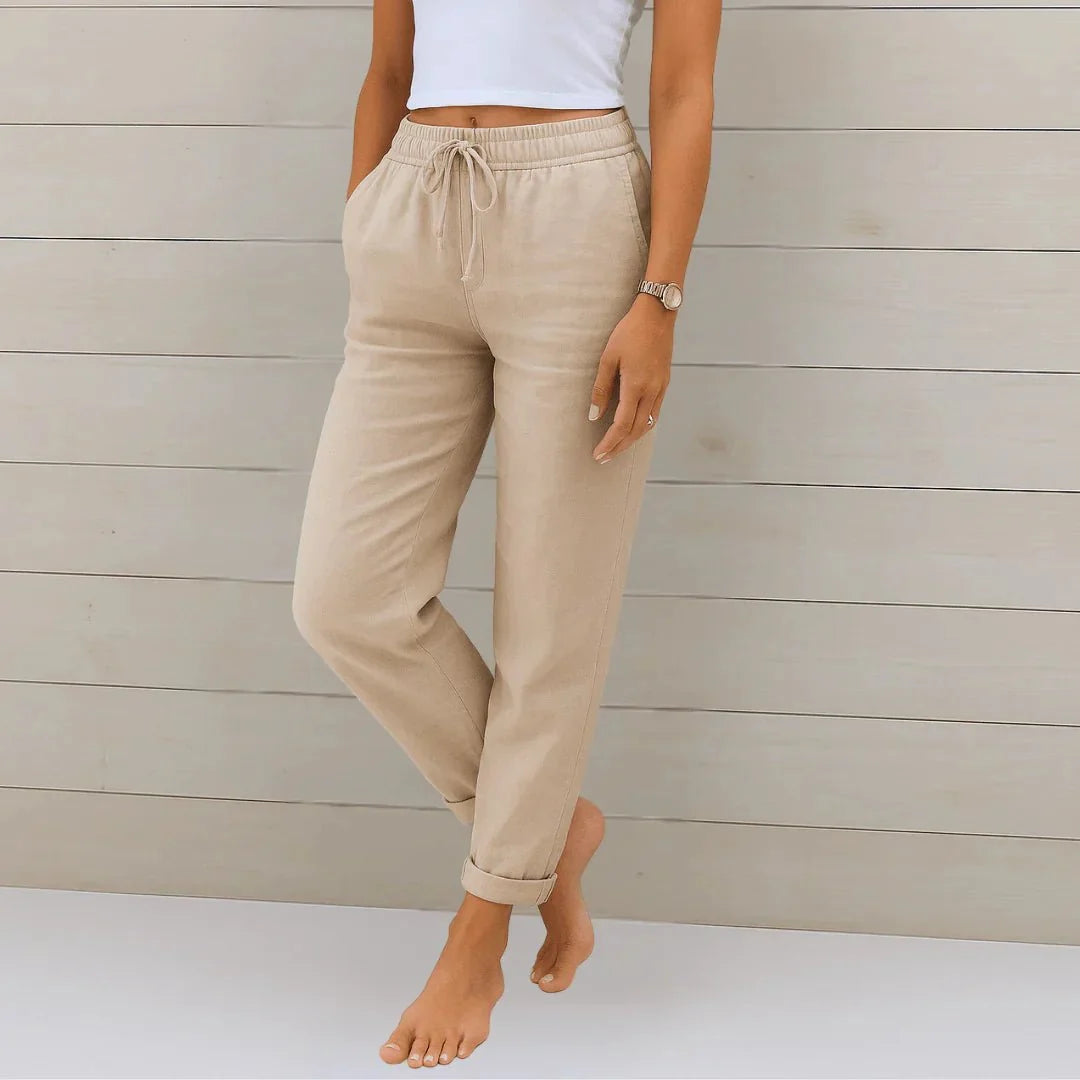 Pantalon large fluide femme en coton et lin, idéal pour l'été et le confort décontracté. Style élégant et respirant.