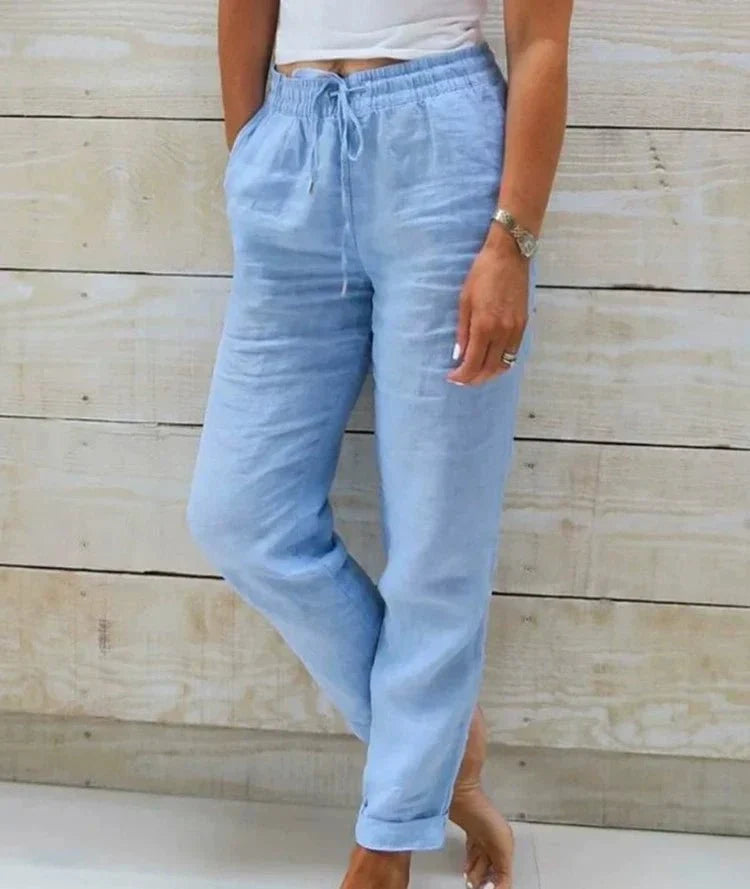Pantalon large fluide femme en coton et lin pour l'été, taille élastique. Confortable et chic.