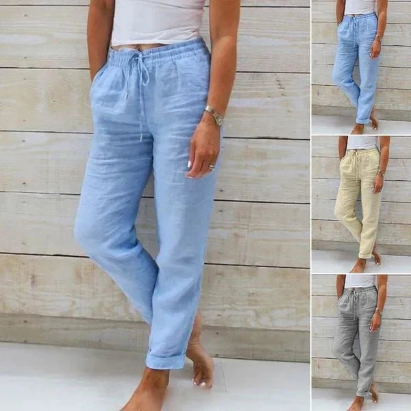 Pantalon large fluide femme en coton et lin. Taille élastique pour un confort respirant en été.