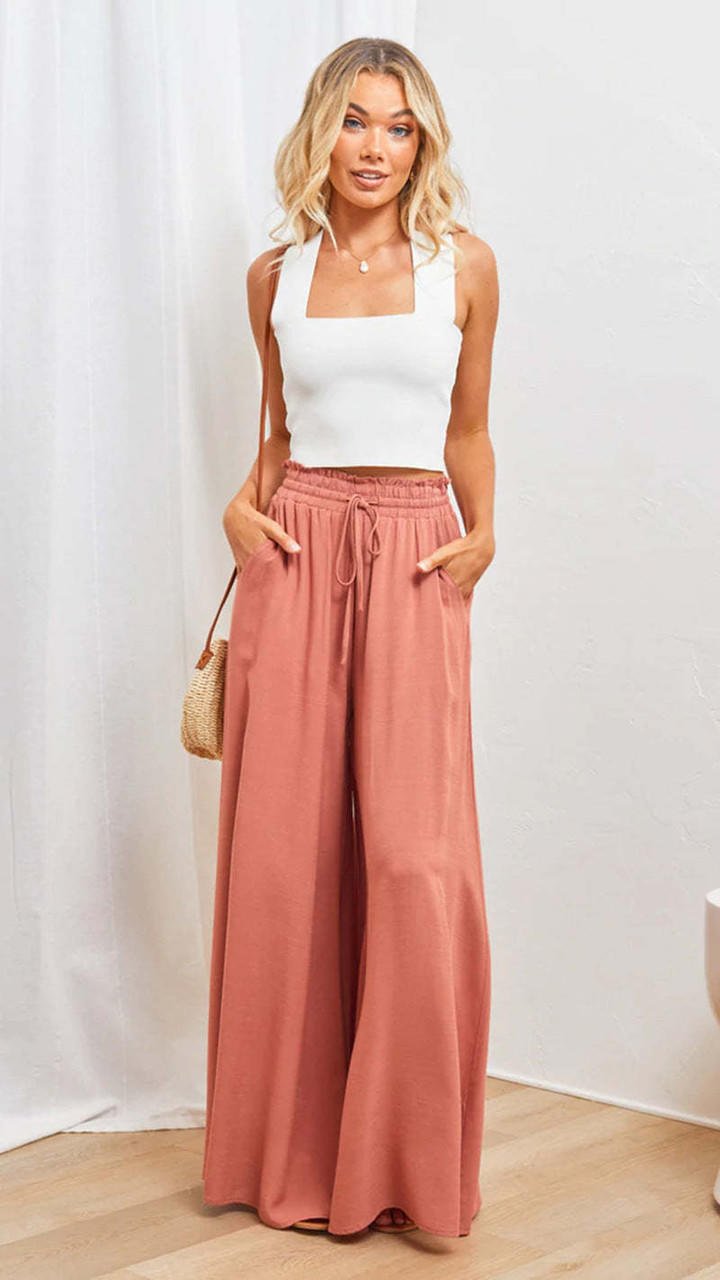 Pantalon large taille haute femme en Tencel fluide, idéal pour le printemps-été.
