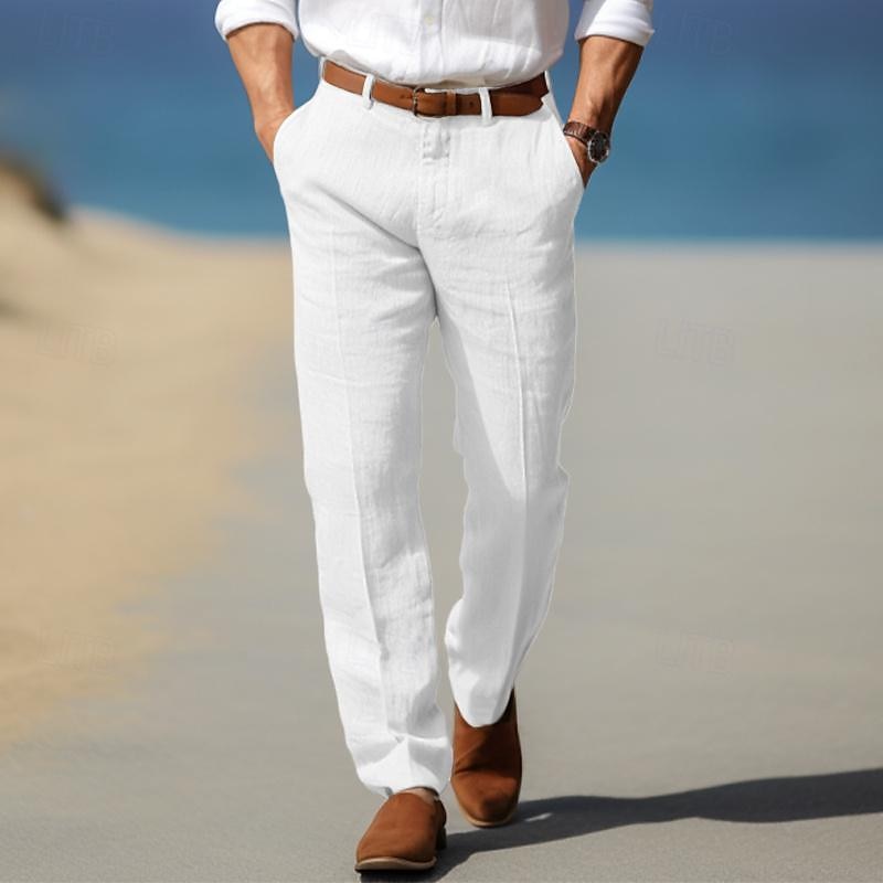 Pantalon homme en lin léger et respirant pour l'été, couleur naturelle, coupe décontractée.