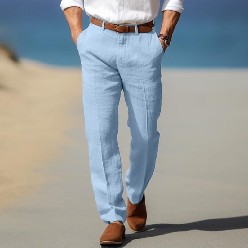 Pantalon homme en lin doux et confortable, idéal pour l'été. Tissu respirant, style décontracté.