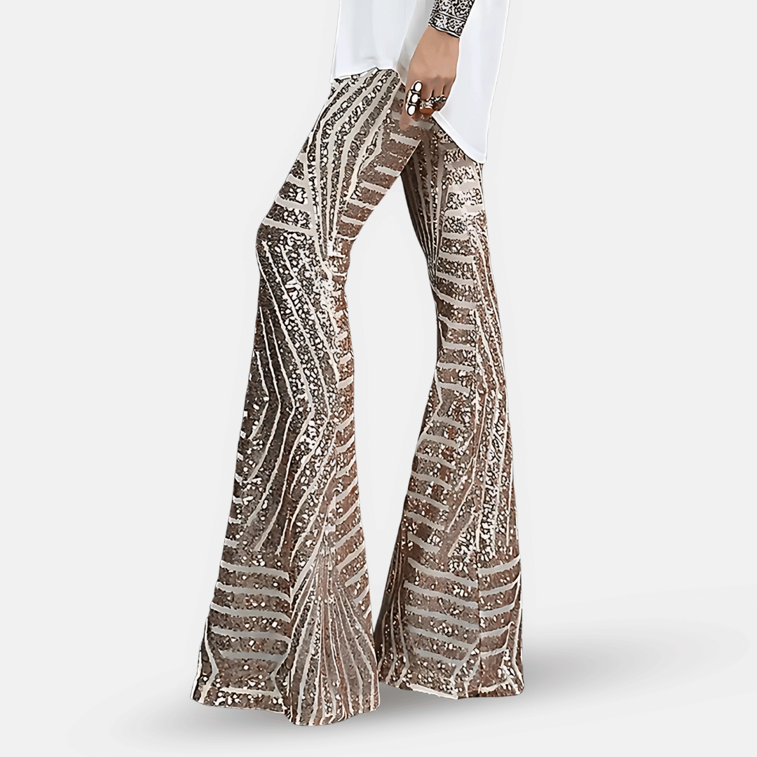 Pantalon femme pattes d'éléphant à paillettes scintillantes, parfait pour soirée chic ou festival.