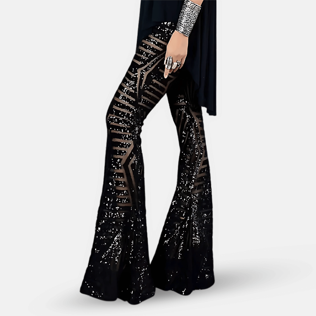 Pantalon confortable femme pattes d'éléphant à paillettes, idéal pour la danse ou une soirée élégante.