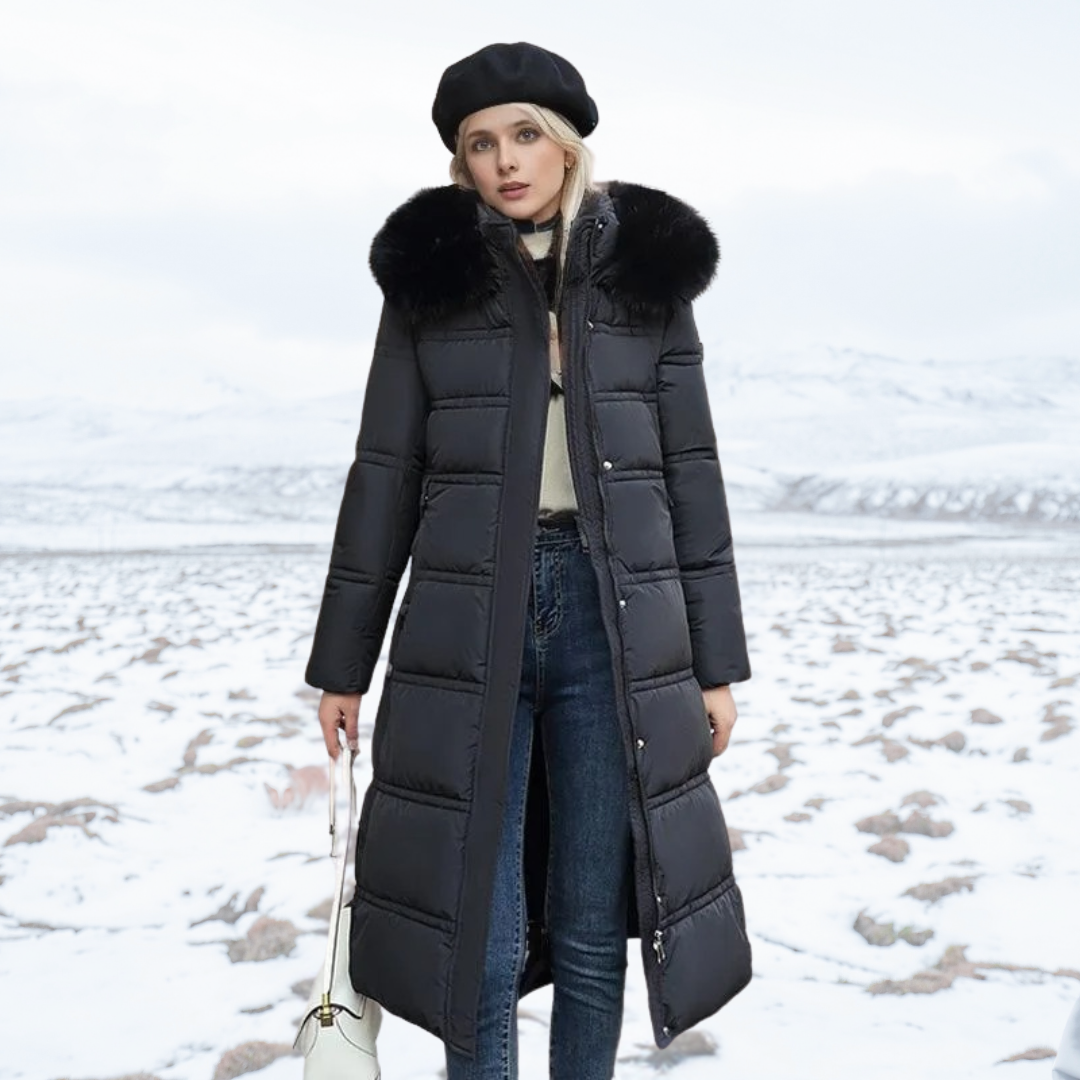 Veste parka femme chaude, résistante à l'eau, dotée d'une grande capuche bordée de fourrure douce.
