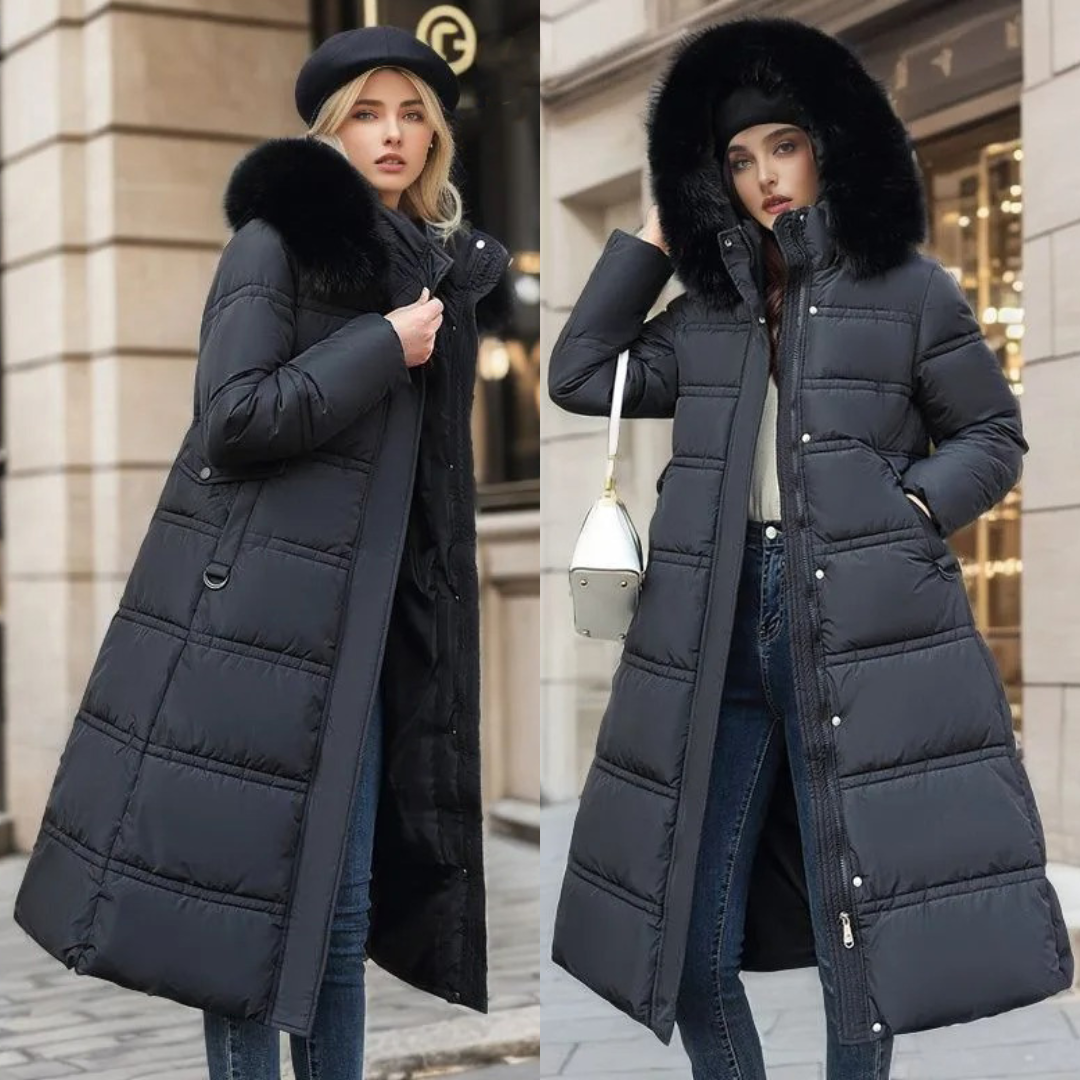 Manteau parka femme chaud et ample, avec capuche à fourrure. Protection maximale contre le froid hivernal.