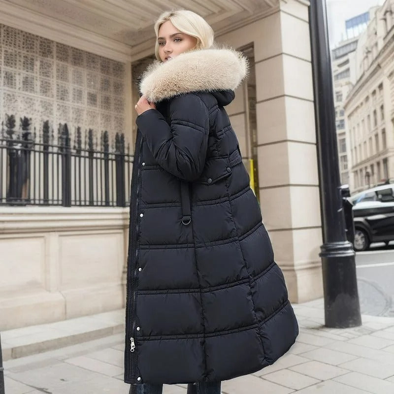 Parka femme chaude et coupe-vent, avec cordon de serrage à la taille et capuche fourrure douillette.