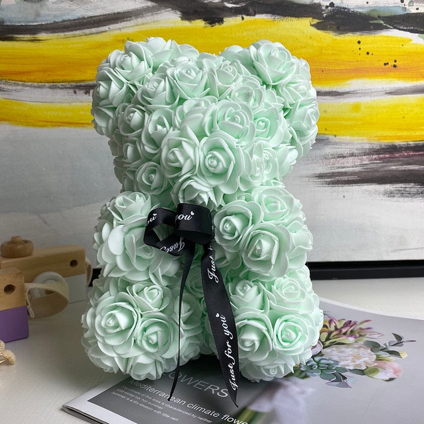Cadeau Fête des Mères : ourson en roses artificielles roses, décoration charmante.