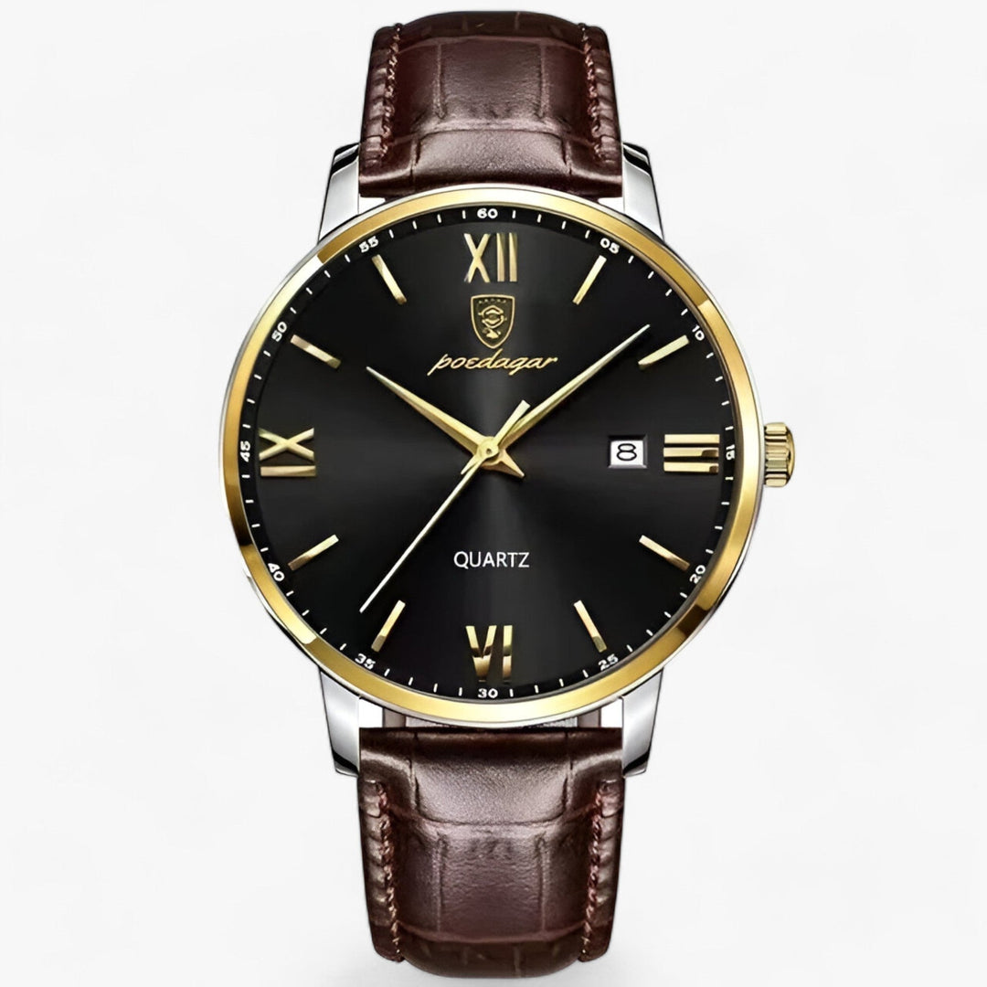 Cadran de montre homme de luxe Adrien, mouvement quartz précis, index dorés. Élégance intemporelle au poignet.