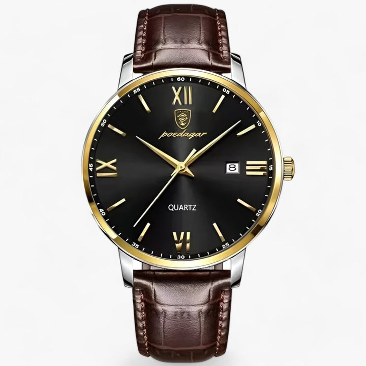 Cadran de montre homme de luxe Adrien, mouvement quartz précis, index dorés. Élégance intemporelle au poignet.