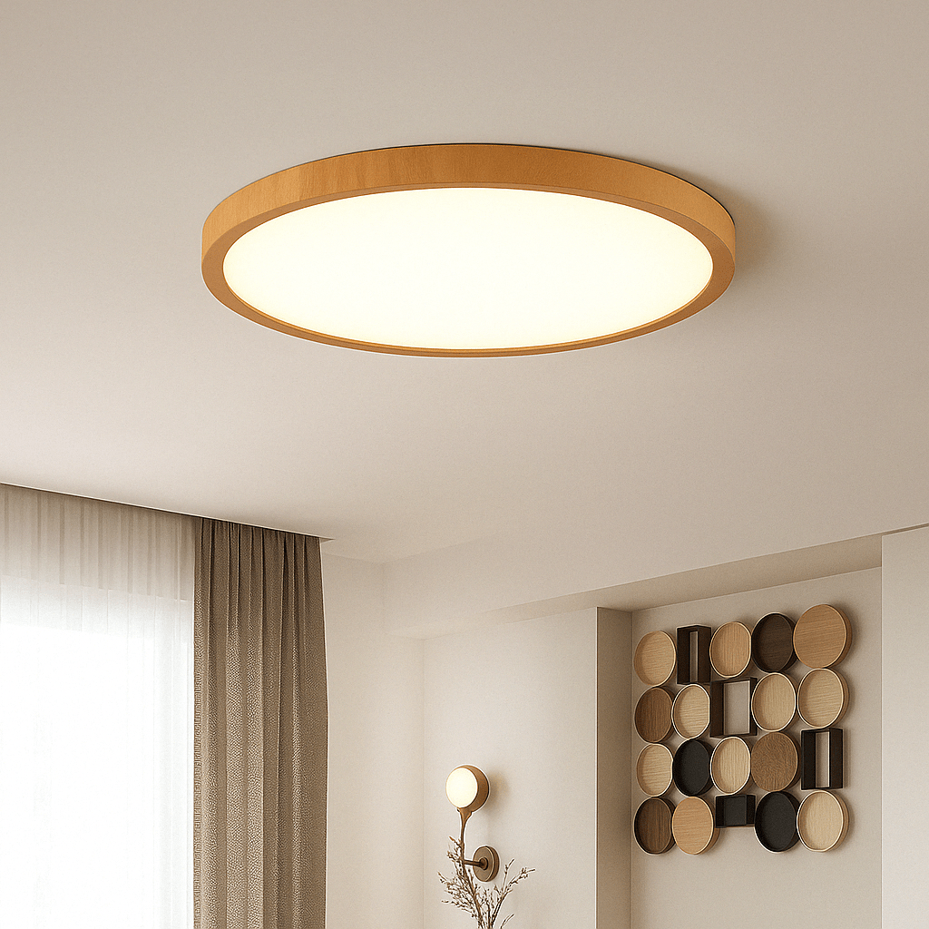 Plafonnier LED circulaire ultrafin en bois moderne, idéal pour un salon lumineux et design contemporain.