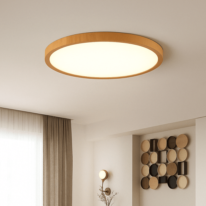 Plafonnier LED circulaire ultrafin en bois moderne, idéal pour un salon lumineux et design contemporain.