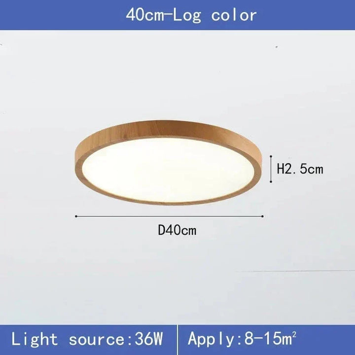 Luminaire de plafond LED en bois, ultrafin et circulaire, pour une décoration contemporaine du salon.