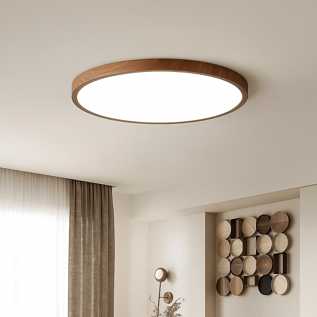 Luminaire LED de plafond en bois, design moderne et circulaire, parfait pour chambre à coucher.