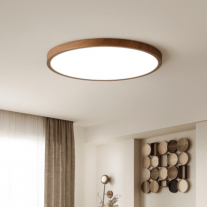 Luminaire LED de plafond en bois, design moderne et circulaire, parfait pour chambre à coucher.