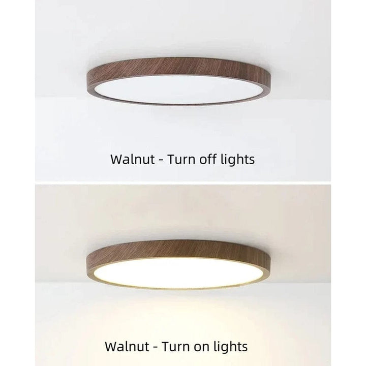 Plafonnier moderne LED circulaire en bois, élégant et économe en énergie pour toute pièce.