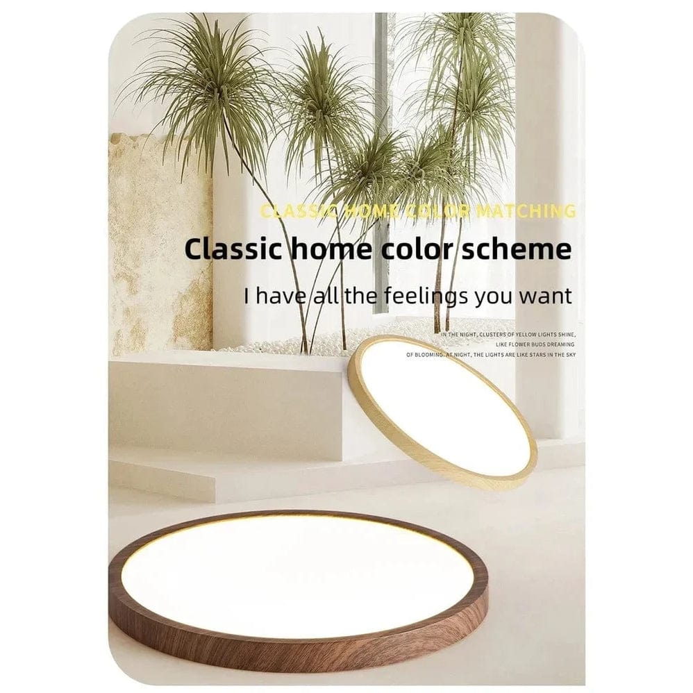 Luminaire LED en bois circulaire ultrafin, parfait pour un éclairage de salon ou chambre principale.