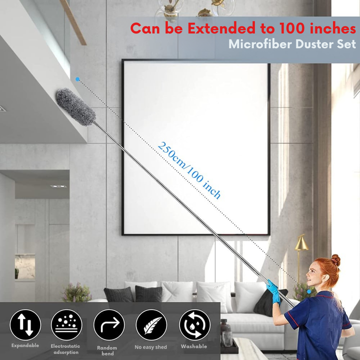 Utilisation du plumeau télescopique pour atteindre un ventilateur de plafond. Nettoyage des hauteurs sans effort.