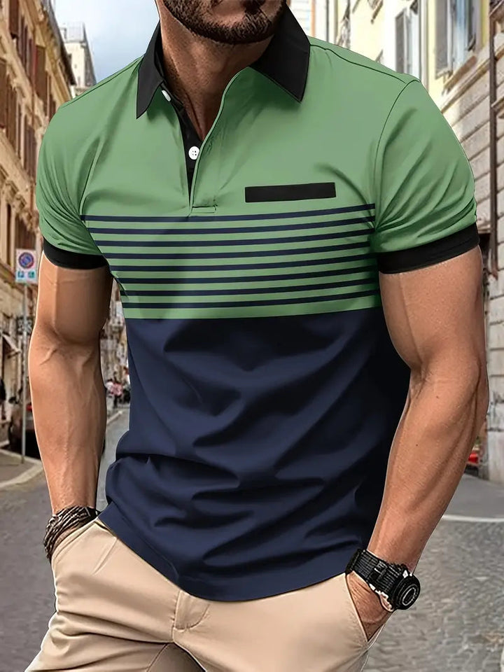 Polo homme à rayures colorées, design estival, respirant et élégant pour un look décontracté et moderne.