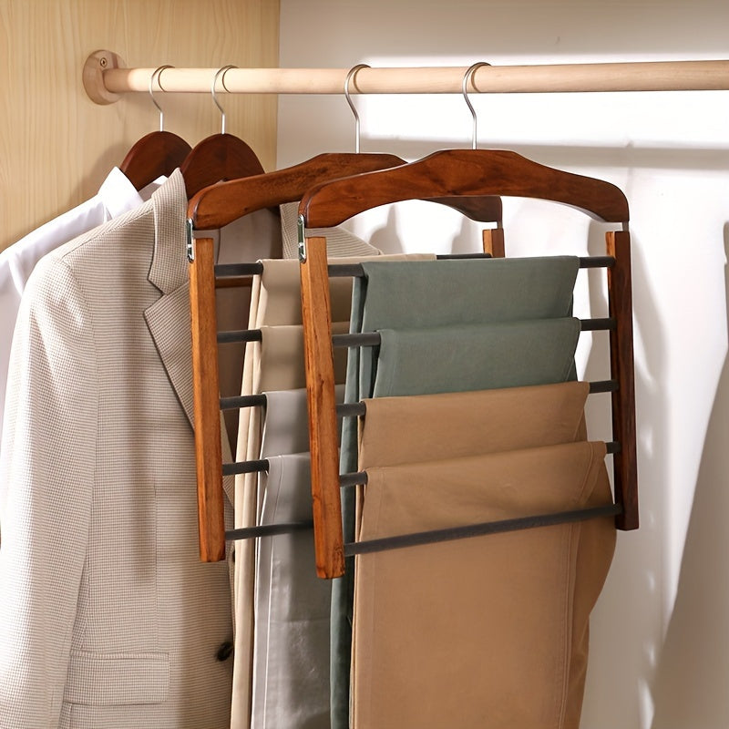 Portant à pantalons multi-barres en noyer massif, organisateur de penderie élégant, gain de place antifroissement.