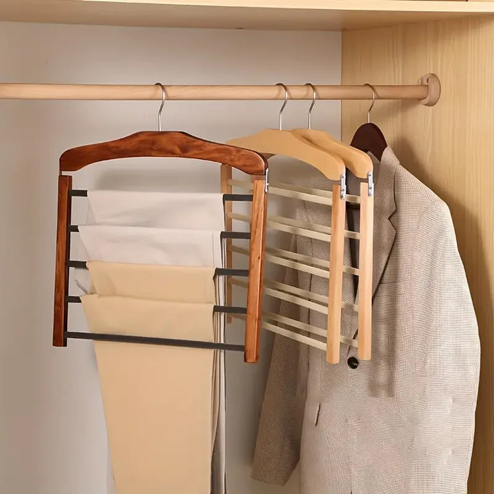 Optimisez votre penderie avec ce portant à pantalons en noyer massif. Solution de rangement élégante et antifroissement.