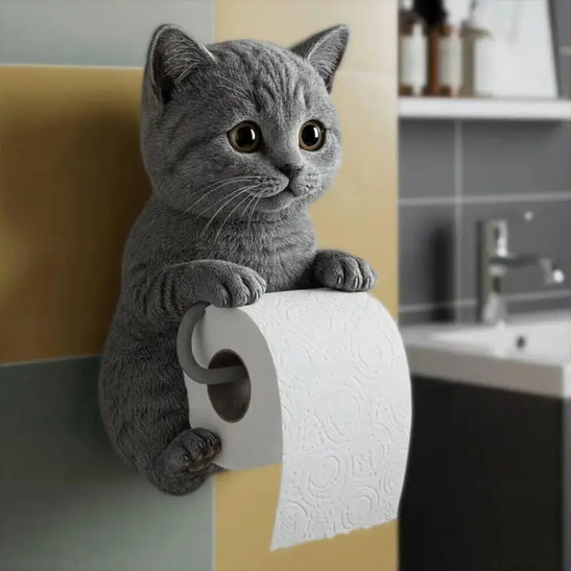 Porte-rouleau mural chat 3D en résine, décoration originale et pratique pour salle de bain.