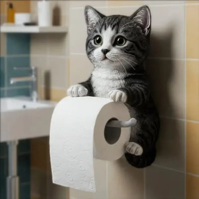 Accessoire salle de bain: porte-rouleau mural design 3D en forme de chat. Décoration originale.
