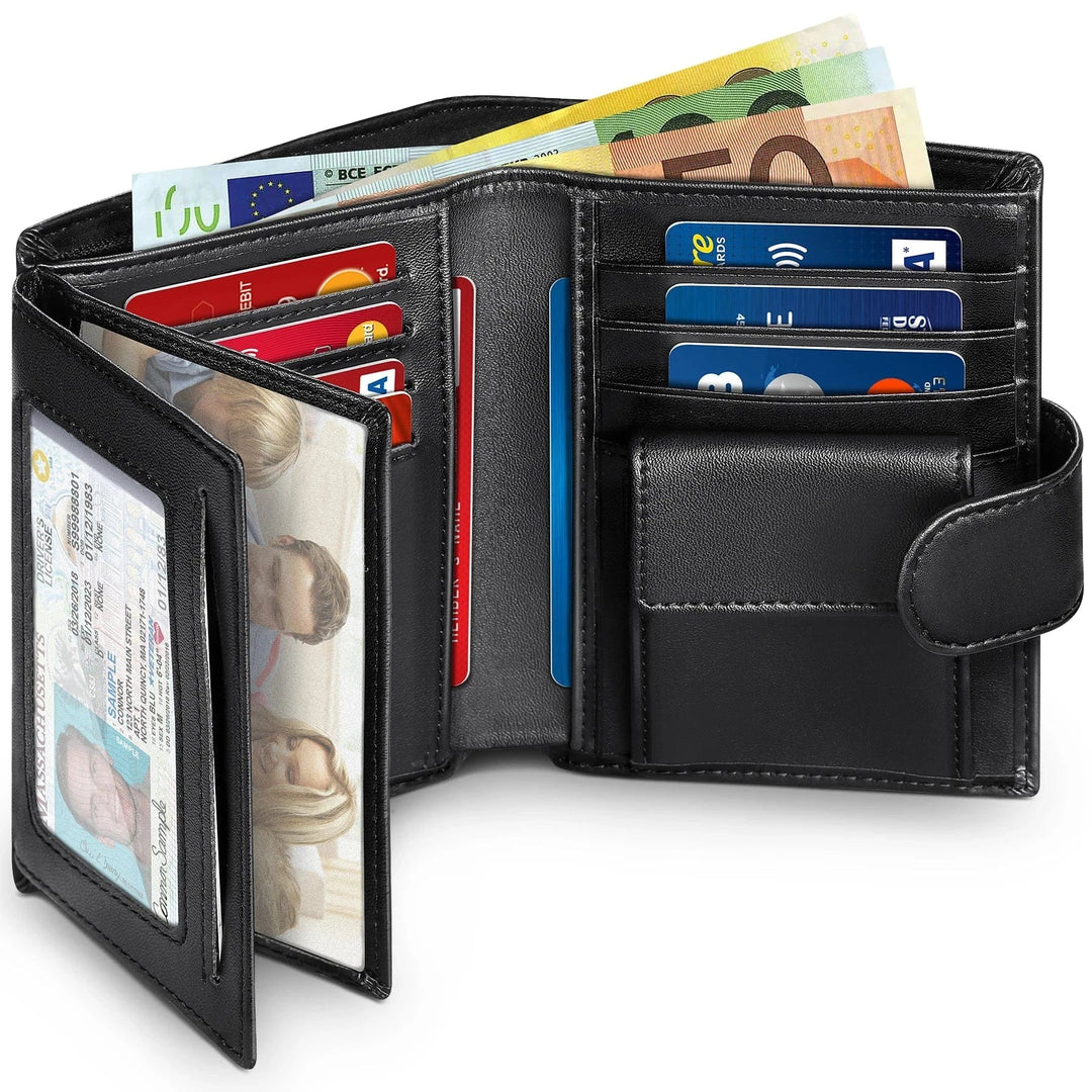 Portefeuille homme luxe en cuir véritable noir RFID, protection cartes et organisation optimale.
