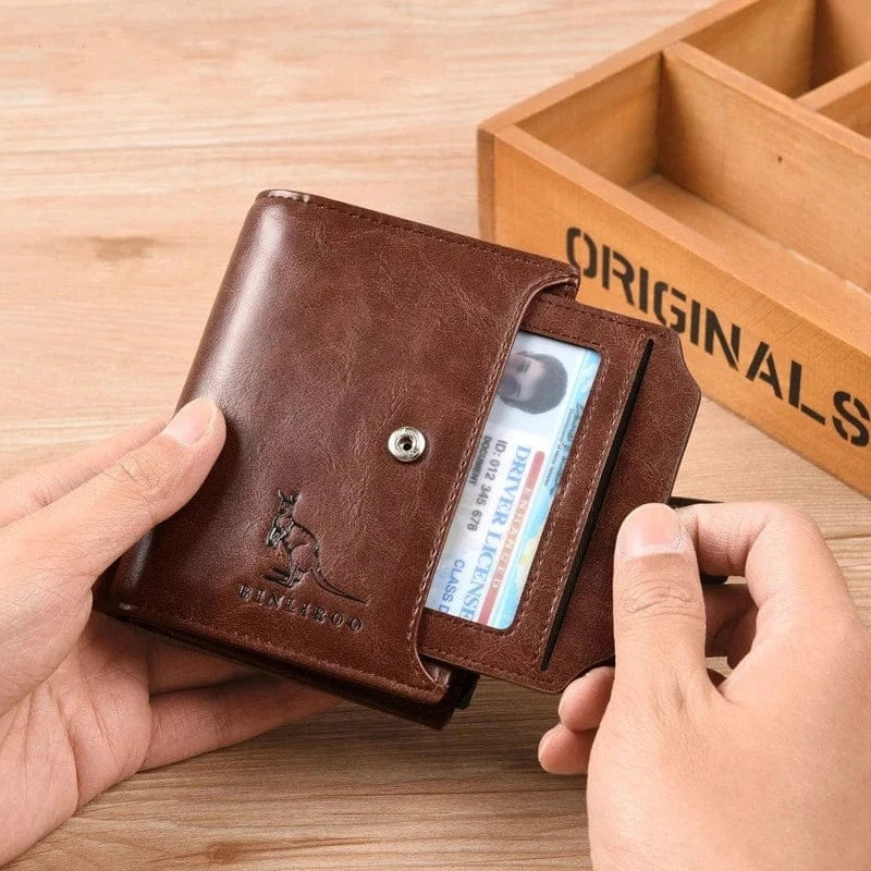 Sécurisez vos cartes avec ce portefeuille homme en cuir PU kaki, doté d'une protection RFID avancée.