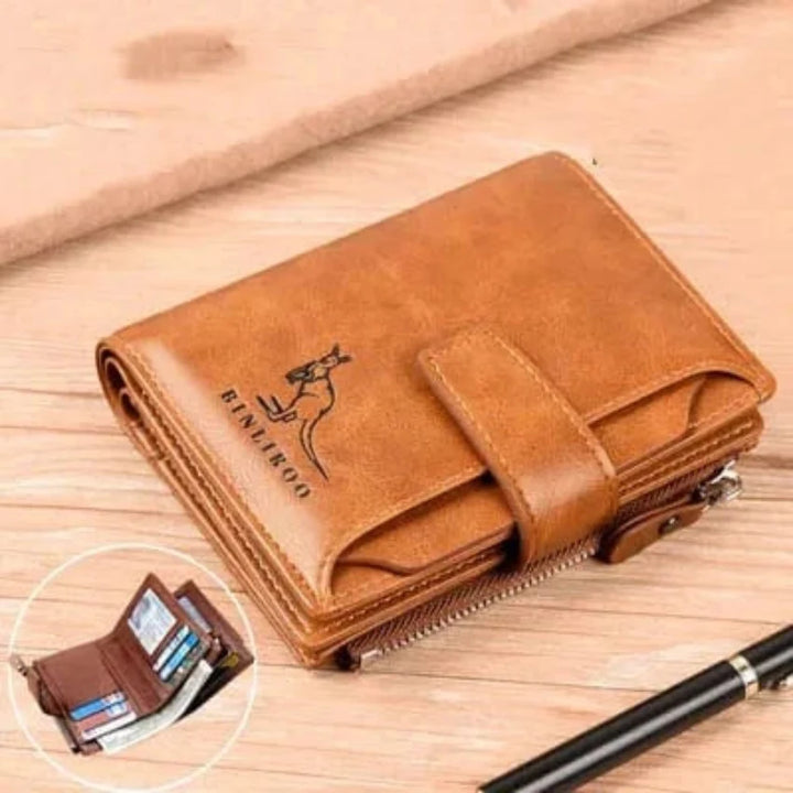 Portefeuille homme en cuir PU élégant, disponible en noir, kaki ou café, avec protection RFID intégrée.