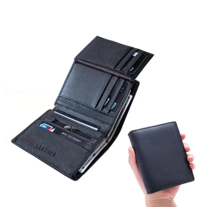 Portefeuille slim homme en cuir noir, élégant et minimaliste, avec protection RFID intégrée pour cartes.