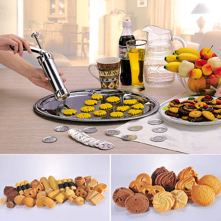 Presse à biscuits en acier inoxydable, idéale pour toutes vos envies de pâtisserie et de biscuits maison.